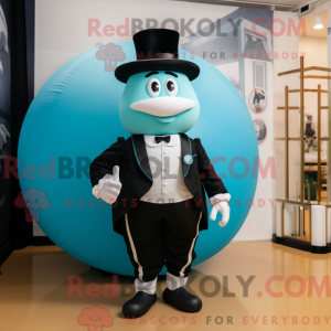 Mascot character of a Cyan Rugby Ball dressed with a Tuxedo and Caps