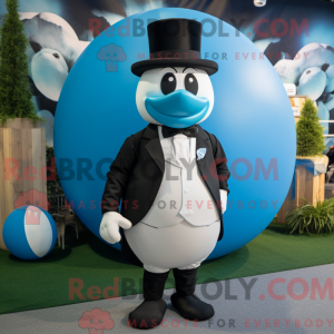 Mascot character of a Cyan Rugby Ball dressed with a Tuxedo and Caps
