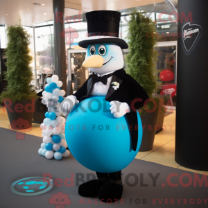 Mascot character of a Cyan Rugby Ball dressed with a Tuxedo and Caps