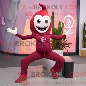 Mascot character of a Maroon Contortionist dressed with a Yoga Pants and Messenger bags