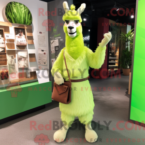 Mascot character of a Lime Green Llama dressed with a Dress Pants and Clutch bags