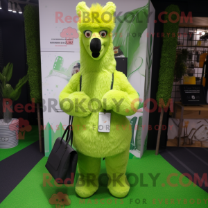 Mascot character of a Lime Green Llama dressed with a Dress Pants and Clutch bags