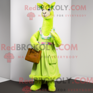 Mascot character of a Lime Green Llama dressed with a Dress Pants and Clutch bags