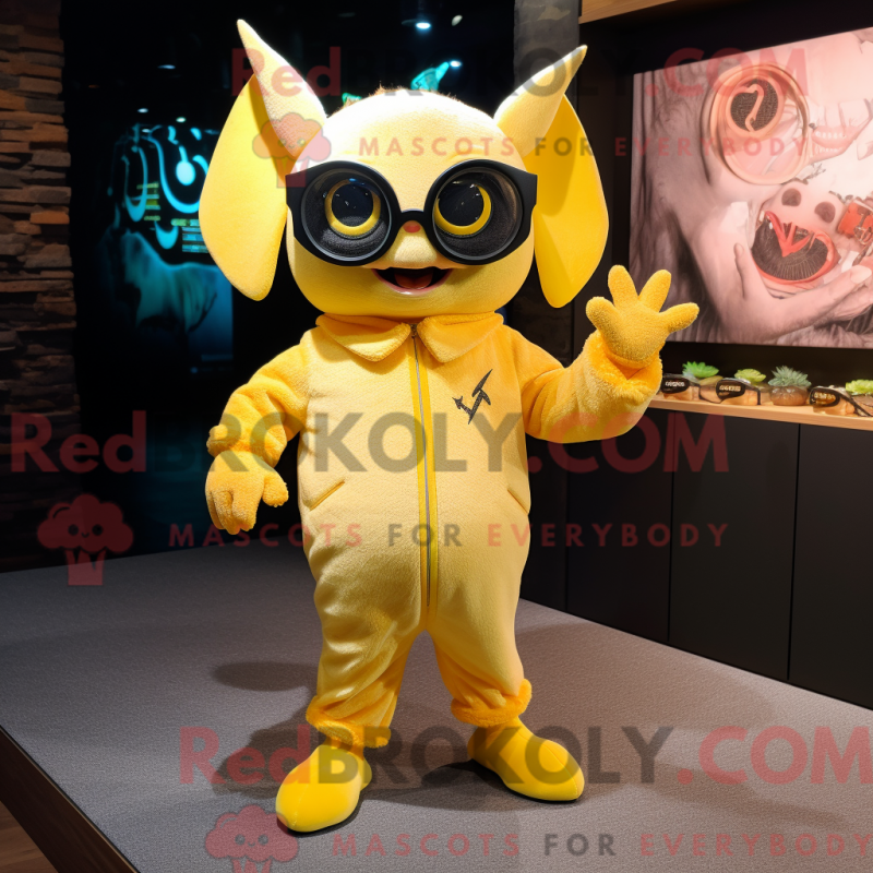 Mascot character of a Lemon Yellow Bat dressed with a Jumpsuit and Eyeglasses