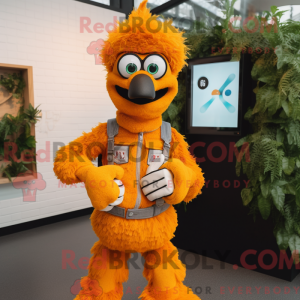 Mascot character of a Orange Ostrich dressed with a Overalls and Smartwatches