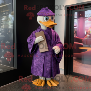 Mascot character of a Purple Muscovy Duck dressed with a Wrap Dress and Wallets