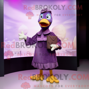 Mascot character of a Purple Muscovy Duck dressed with a Wrap Dress and Wallets