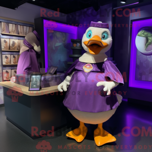 Mascot character of a Purple Muscovy Duck dressed with a Wrap Dress and Wallets