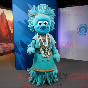 Mascot character of a Cyan Chief dressed with a A-Line Dress and Necklaces