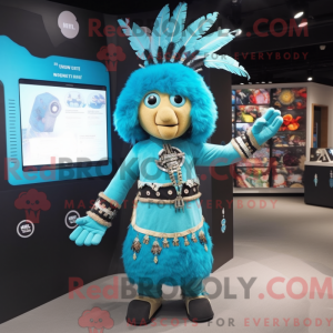 Mascot character of a Cyan Chief dressed with a A-Line Dress and Necklaces