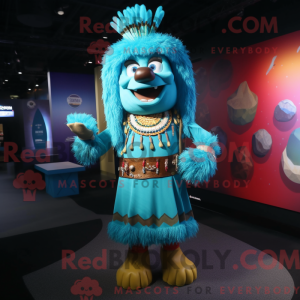 Mascot character of a Cyan Chief dressed with a A-Line Dress and Necklaces