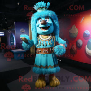 Mascot character of a Cyan Chief dressed with a A-Line Dress and Necklaces