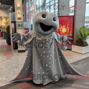 Mascot character of a Gray Stingray dressed with a Maxi Dress and Tie pins