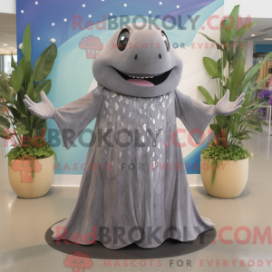 Mascot character of a Gray Stingray dressed with a Maxi Dress and Tie pins