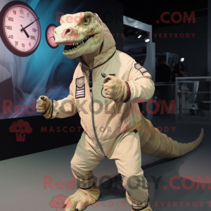 Mascot character of a Beige Iguanodon dressed with a Bomber Jacket and Digital watches