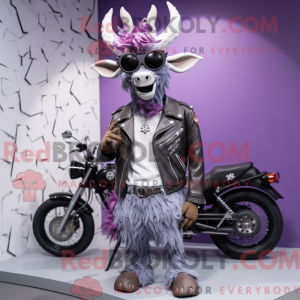 Mascot character of a Lavender Reindeer dressed with a Biker Jacket and Necklaces