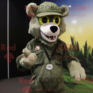 Mascot character of a Olive Wolf dressed with a Playsuit and Beanies