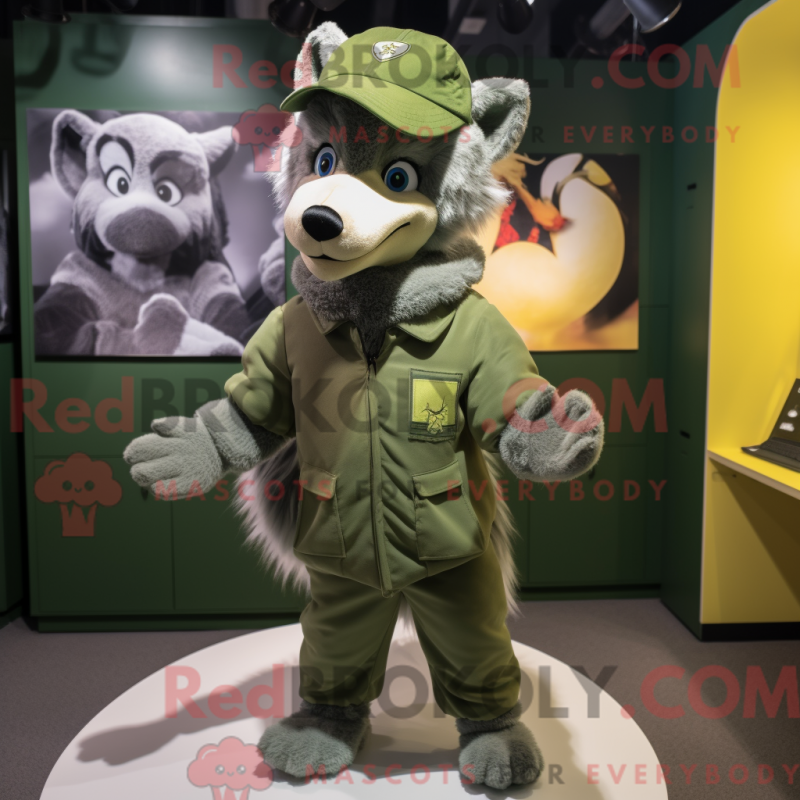 Mascot character of a Olive Wolf dressed with a Playsuit and Beanies