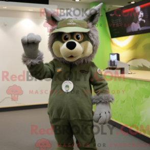 Mascot character of a Olive Wolf dressed with a Playsuit and Beanies