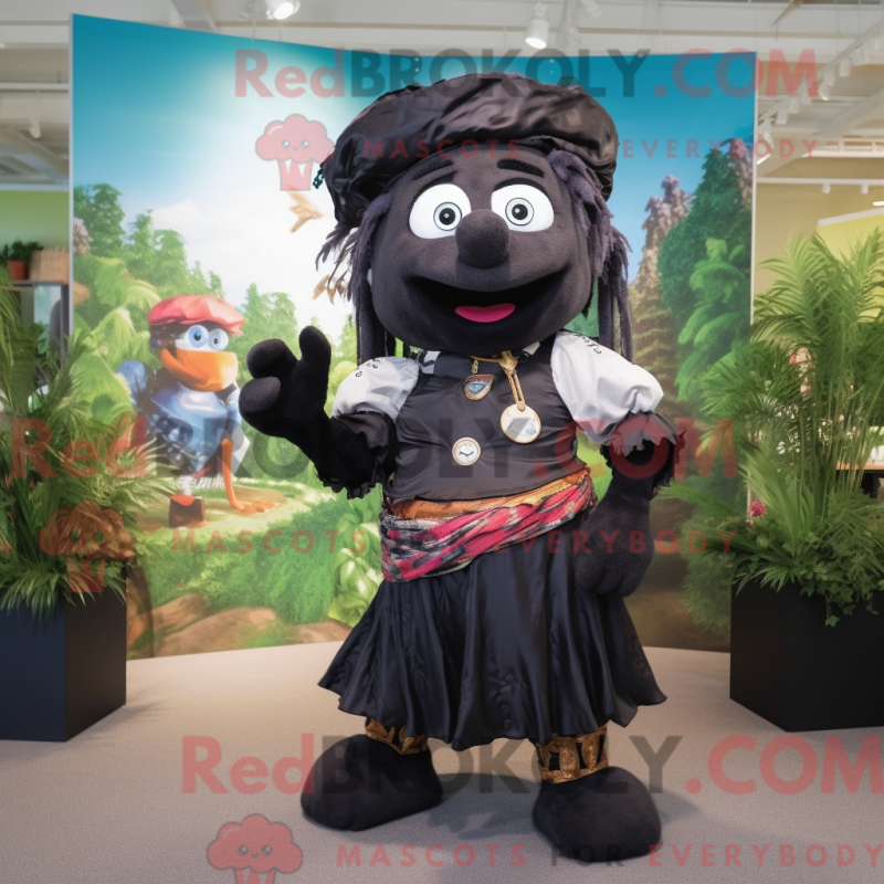 Mascot character of a Black Pirate dressed with a Maxi Skirt and Backpacks