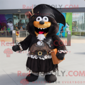 Mascot character of a Black Pirate dressed with a Maxi Skirt and Backpacks