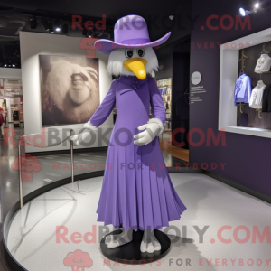 Mascot character of a Purple Gull dressed with a Empire Waist Dress and Hat pins