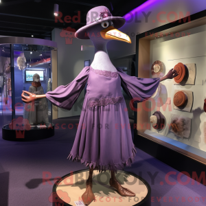 Mascot character of a Purple Gull dressed with a Empire Waist Dress and Hat pins
