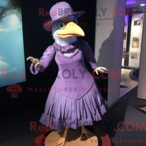 Mascot character of a Purple Gull dressed with a Empire Waist Dress and Hat pins