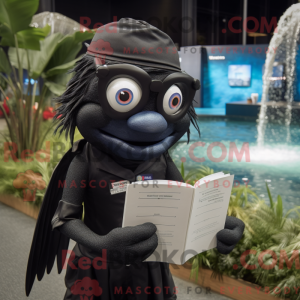 Mascot character of a Black Betta Fish dressed with a Polo Shirt and Reading glasses