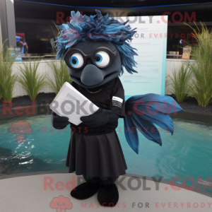 Mascot character of a Black Betta Fish dressed with a Polo Shirt and Reading glasses