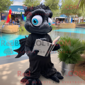 Mascot character of a Black Betta Fish dressed with a Polo Shirt and Reading glasses