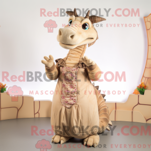 Mascot character of a Tan Dragon dressed with a Maxi Dress and Foot pads