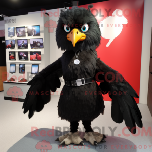 Mascot character of a Black Falcon dressed with a Skirt and Hair clips