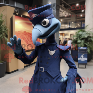 Mascot character of a Navy Dimorphodon dressed with a Empire Waist Dress and Mittens