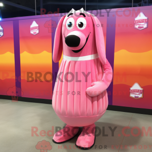 Mascot character of a Pink Hot Dog dressed with a Pleated Skirt and Lapel pins