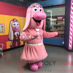 Mascot character of a Pink Hot Dog dressed with a Pleated Skirt and Lapel pins