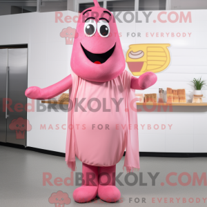 Mascot character of a Pink Hot Dog dressed with a Pleated Skirt and Lapel pins