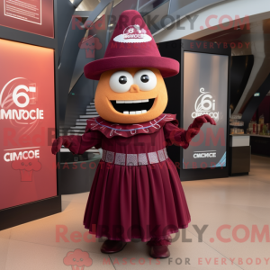 Mascot character of a Maroon Ceviche dressed with a Empire Waist Dress and Hats