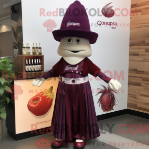 Mascot character of a Maroon Ceviche dressed with a Empire Waist Dress and Hats