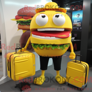 Mascot character of a Yellow Burgers dressed with a Shorts and Briefcases