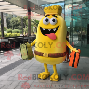 Mascot character of a Yellow Burgers dressed with a Shorts and Briefcases