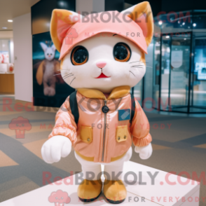 Mascot character of a Peach Cat dressed with a Bomber Jacket and Scarves