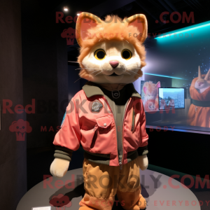 Mascot character of a Peach Cat dressed with a Bomber Jacket and Scarves