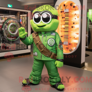 Mascot character of a Green Bagels dressed with a Moto Jacket and Bracelets