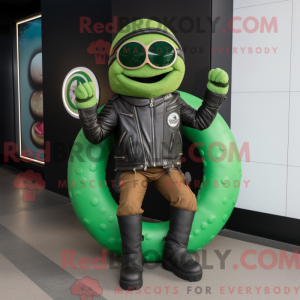 Mascot character of a Green Bagels dressed with a Moto Jacket and Bracelets