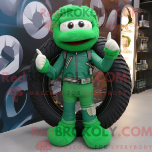 Mascot character of a Green Bagels dressed with a Moto Jacket and Bracelets