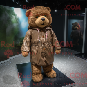 Mascot character of a Brown Teddy Bear dressed with a Raincoat and Cummerbunds