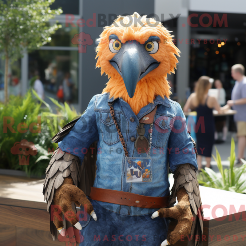 Mascot character of a Orange Haast'S Eagle dressed with a Chambray Shirt and Necklaces