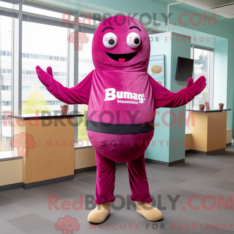 Mascot character of a Magenta Bagels dressed with a Skinny Jeans and Cummerbunds