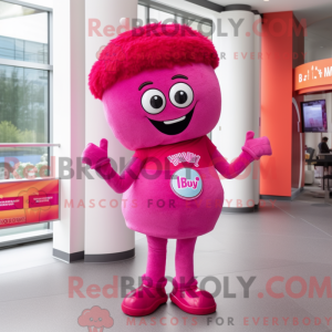 Mascot character of a Magenta Bagels dressed with a Skinny Jeans and Cummerbunds